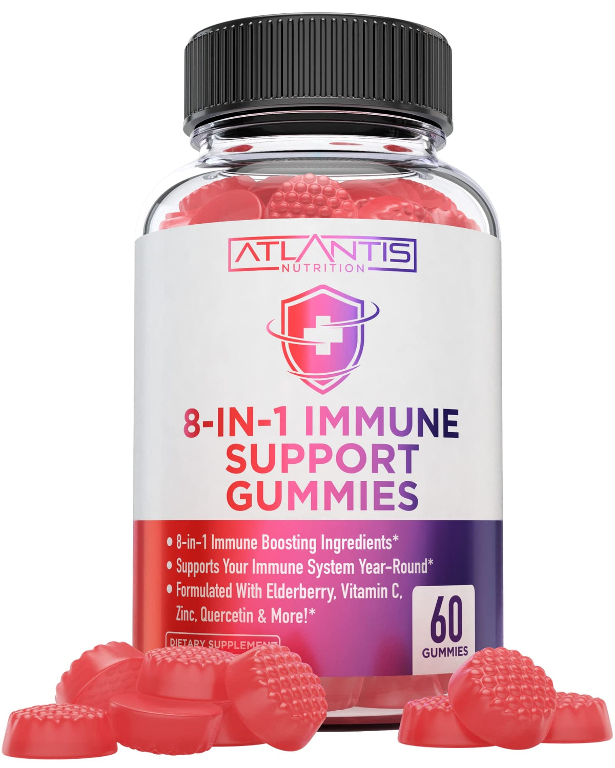 Atlantis Nutrition 8-in-1 elderberry gummies bottle for year-round immune support