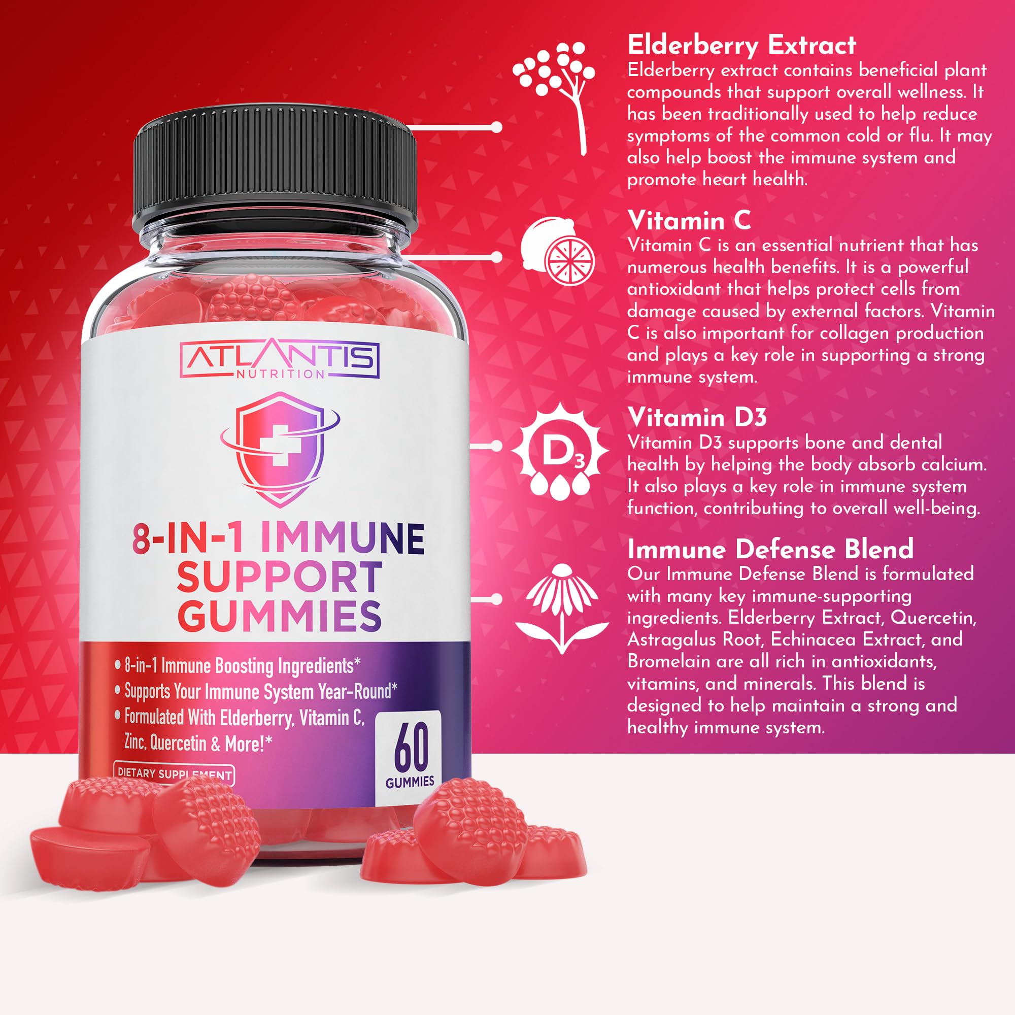Atlantis Nutrition berry-flavored immune gummies serving for a tasty daily boost