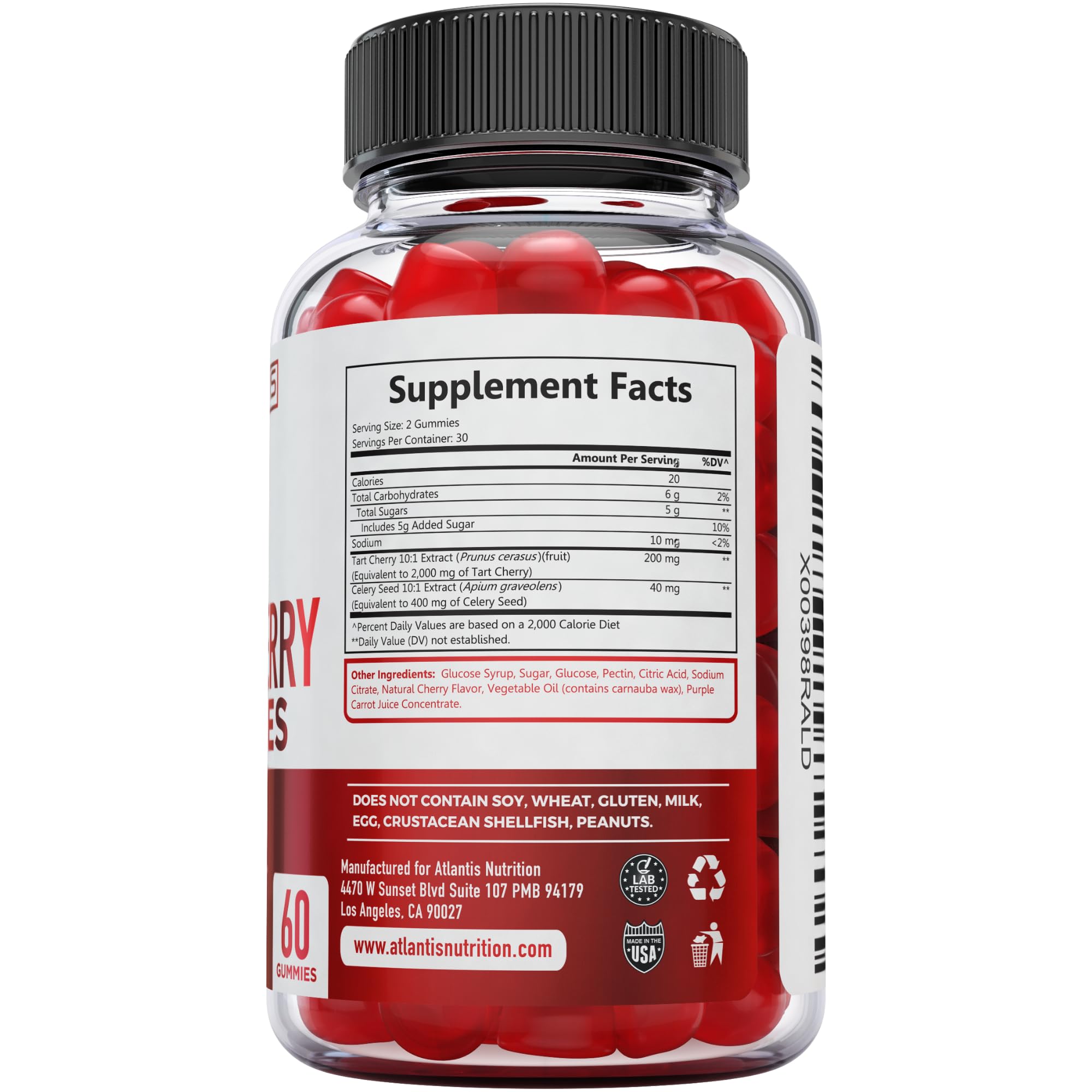 Celery seed extract bottle beside Tart Cherry Gummies from Atlantis Nutrition.