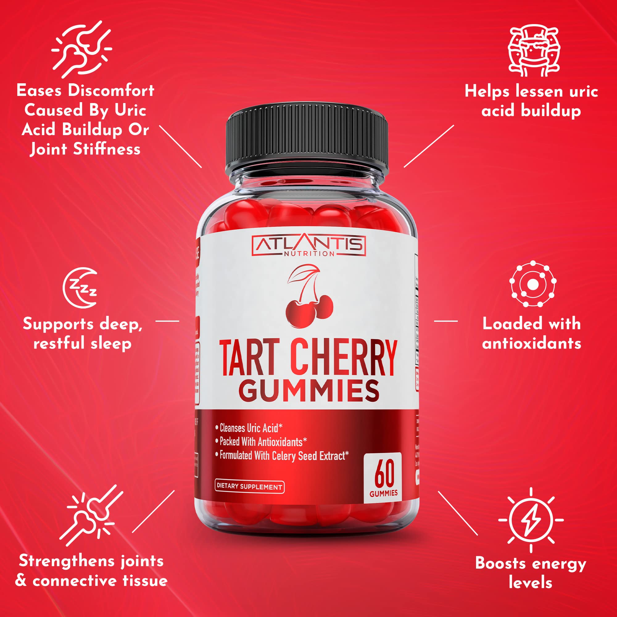 Atlantis Nutrition Tart Cherry Gummies with celery seed extract in frame.