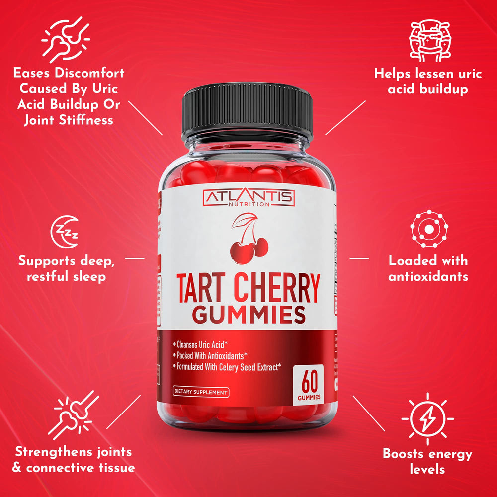 Atlantis Nutrition Tart Cherry Gummies with celery seed extract in frame.