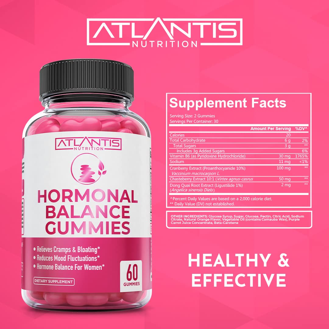 Closeup of Atlantis Nutrition Hormonal Balance gummies showing soft texture