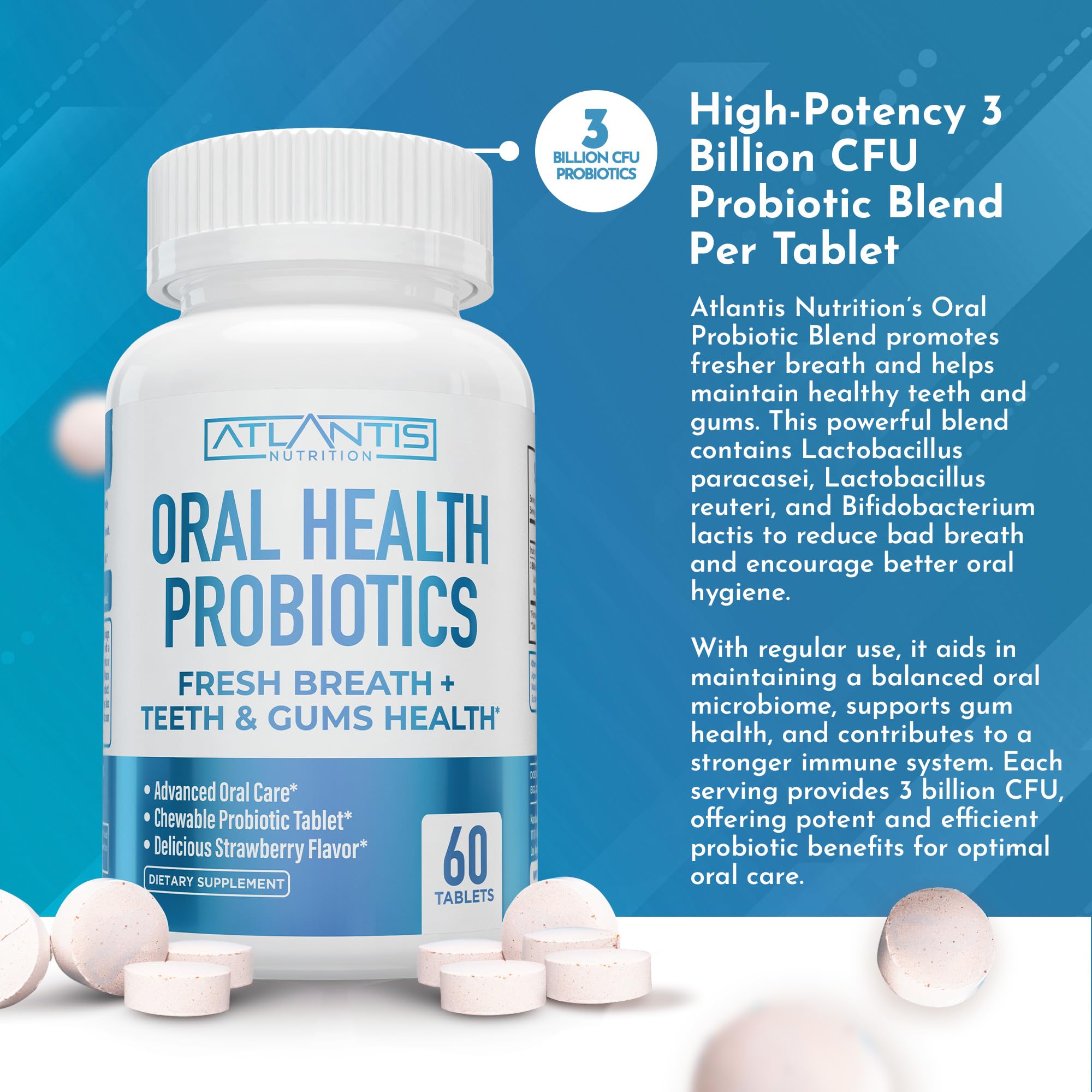 Close-up of strawberry-flavored tablets showing prebiotic inulin for mouth balance.
