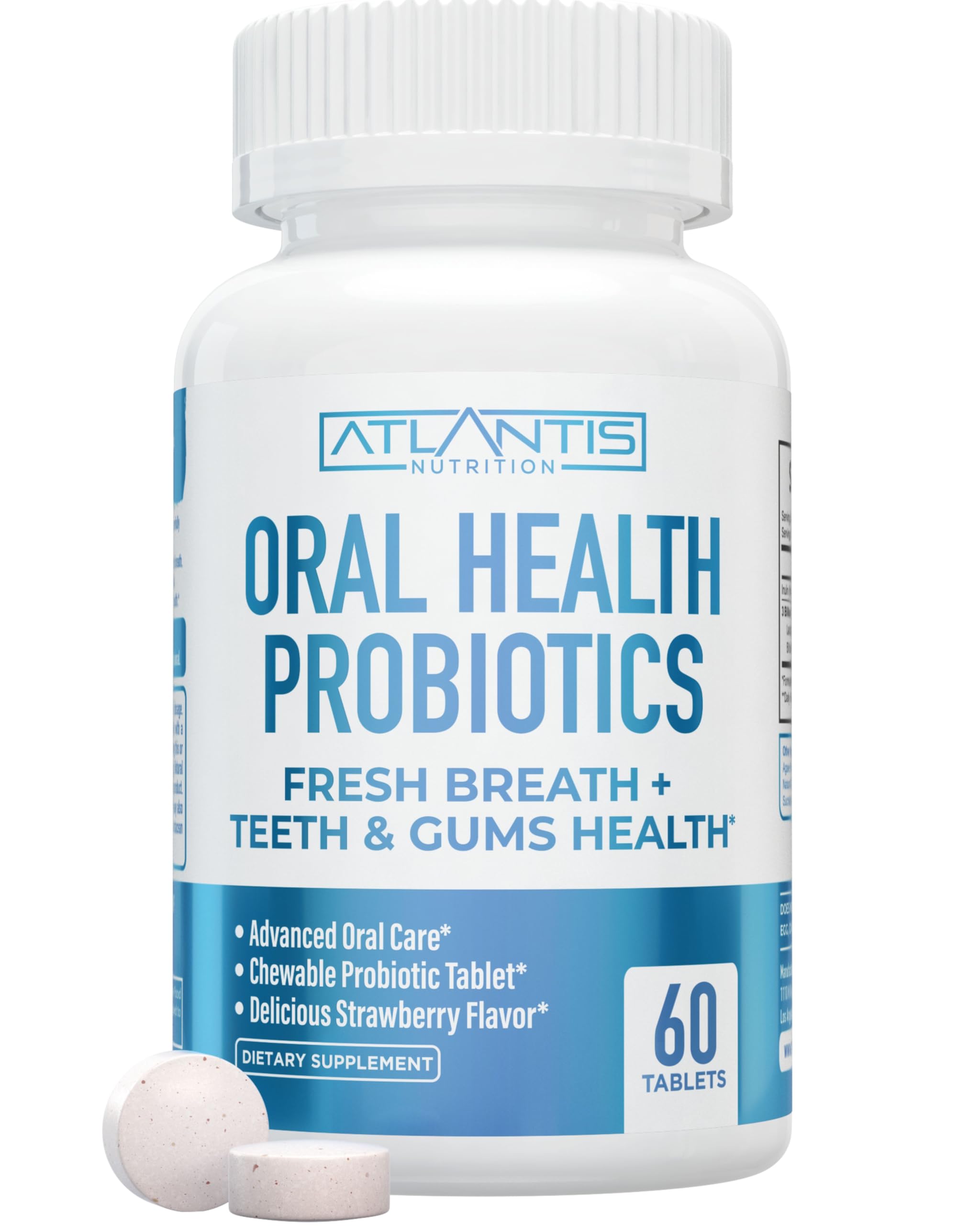 Atlantis Nutrition oral probiotics chewable tablet front view with strawberry flavor for gum and teeth support.