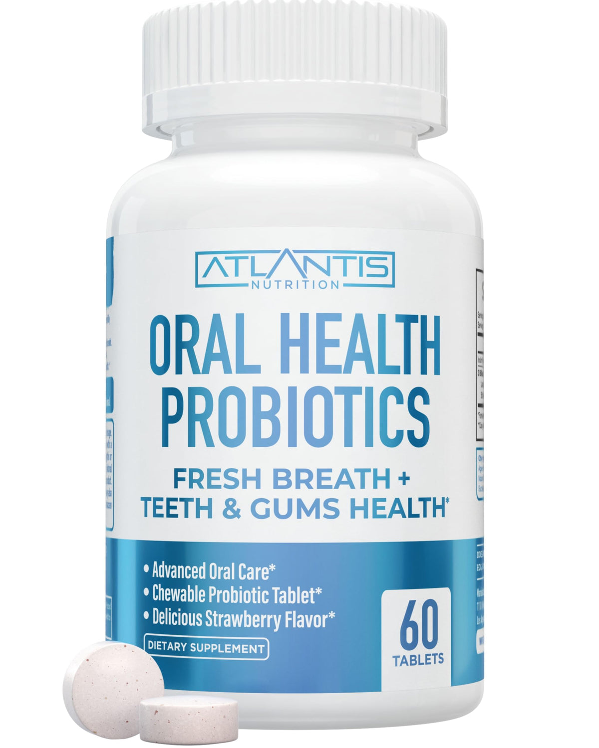 Atlantis Nutrition oral probiotics chewable tablet front view with strawberry flavor for gum and teeth support.