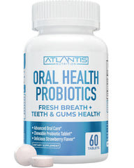 Atlantis Nutrition oral probiotics chewable tablet front view with strawberry flavor for gum and teeth support.