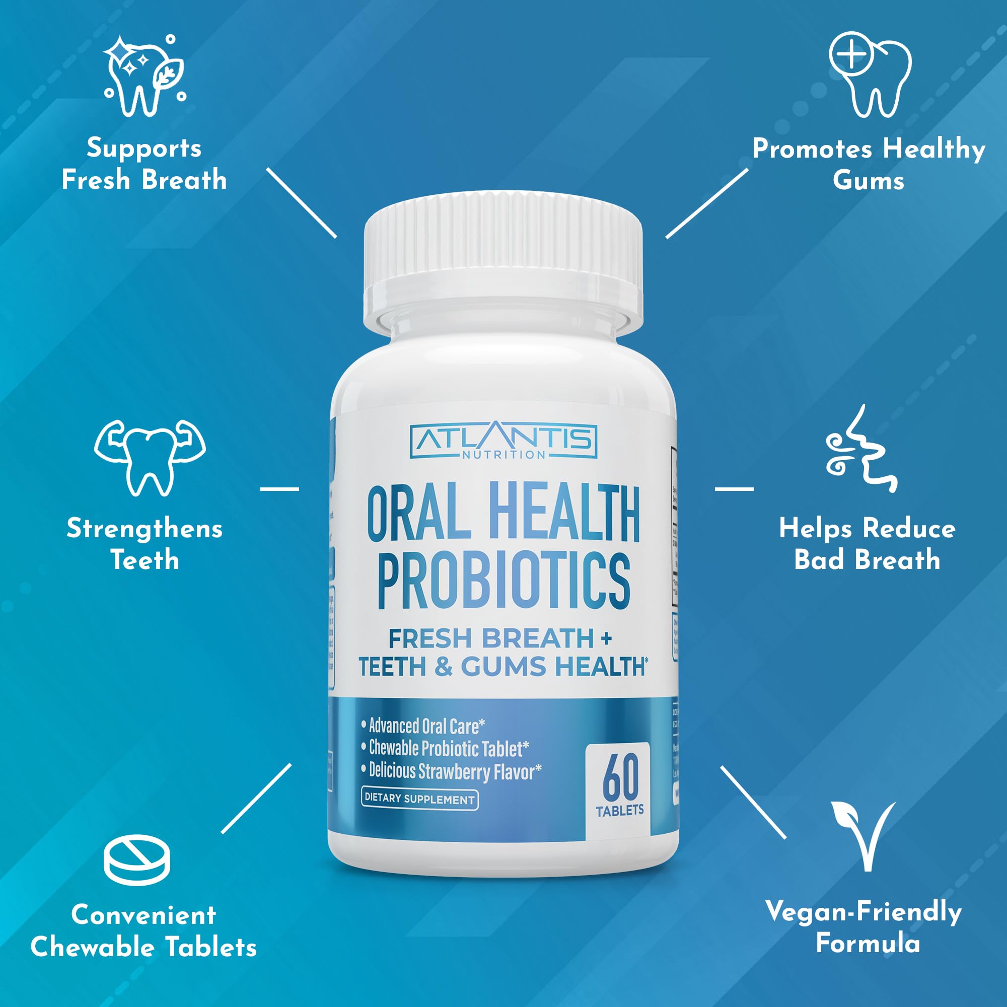 Packaging label highlights strawberry flavor and dental probiotic benefits.