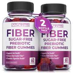 Atlantis Nutrition Sugar Free Fiber Gummies bottle shown, supports daily gut health.