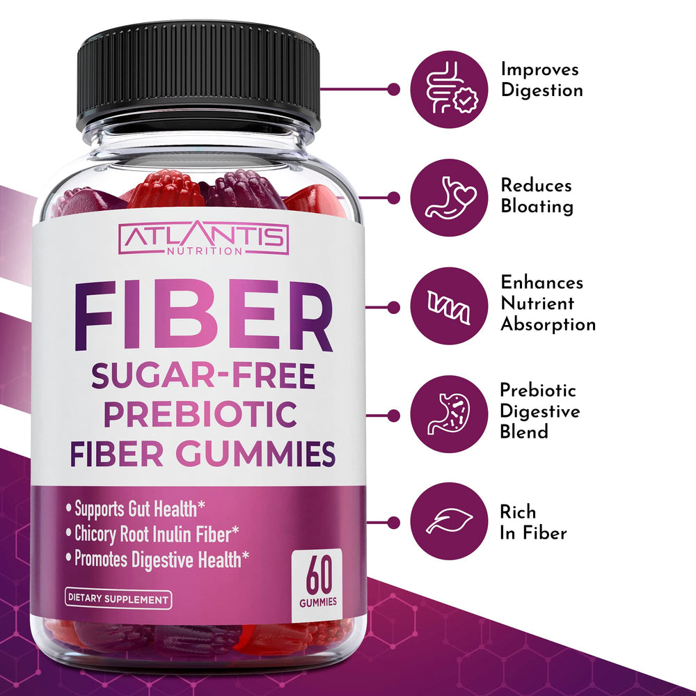 Atlantis Nutrition Sugar Free Fiber Gummies label highlights 5g fiber per serving.