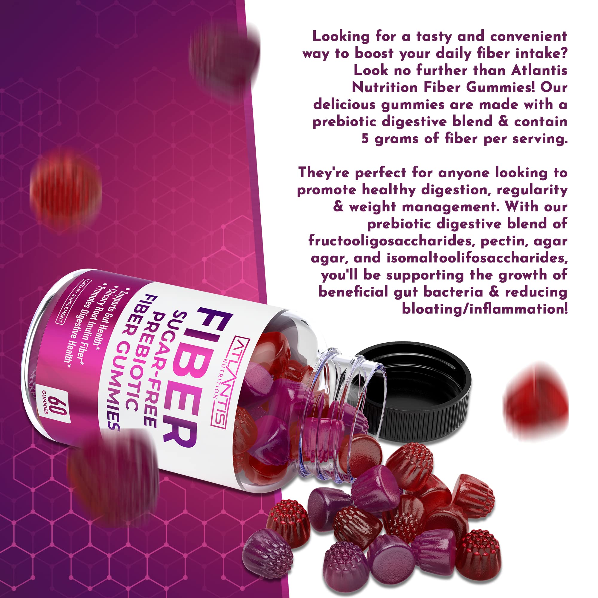 Atlantis Nutrition nutrition panel shows 5.4g prebiotic blend per two gummies.