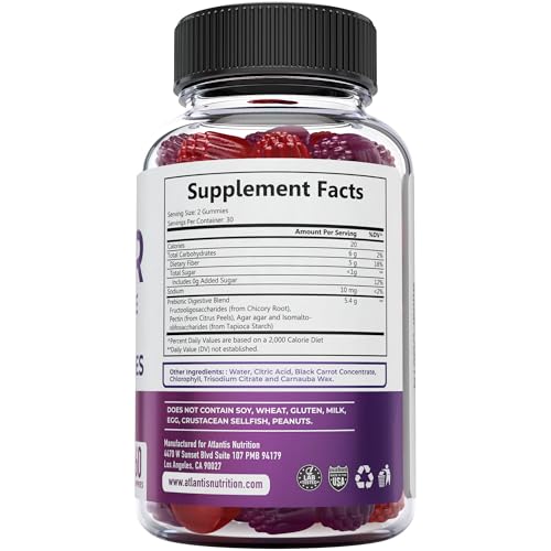 Atlantis Nutrition Sugar Free Fiber Gummies packaging emphasizes fiber and prebiotics.