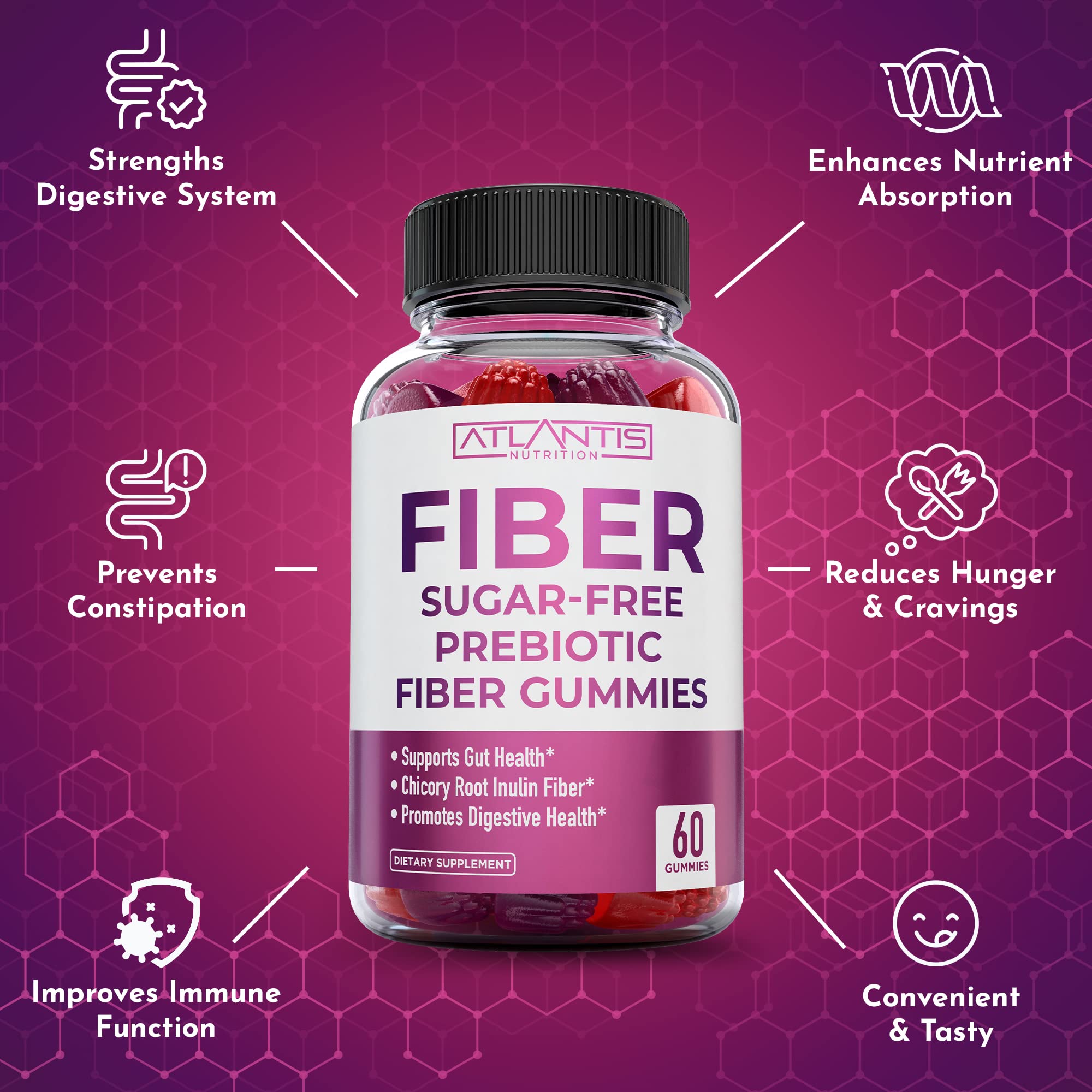 Atlantis Nutrition Sugar Free Fiber Gummies USA-made badge on packaging.