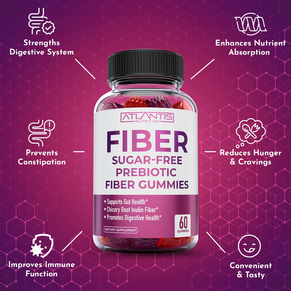 Atlantis Nutrition Sugar Free Fiber Gummies USA-made badge on packaging.