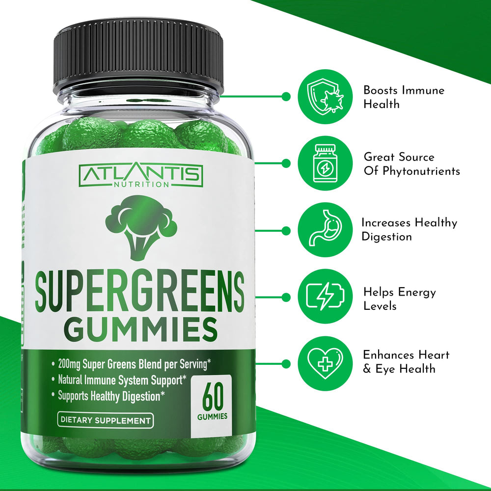 Atlantis Nutrition Supergreens Gummies bottle pour highlighting convenient on-the-go nutrition.