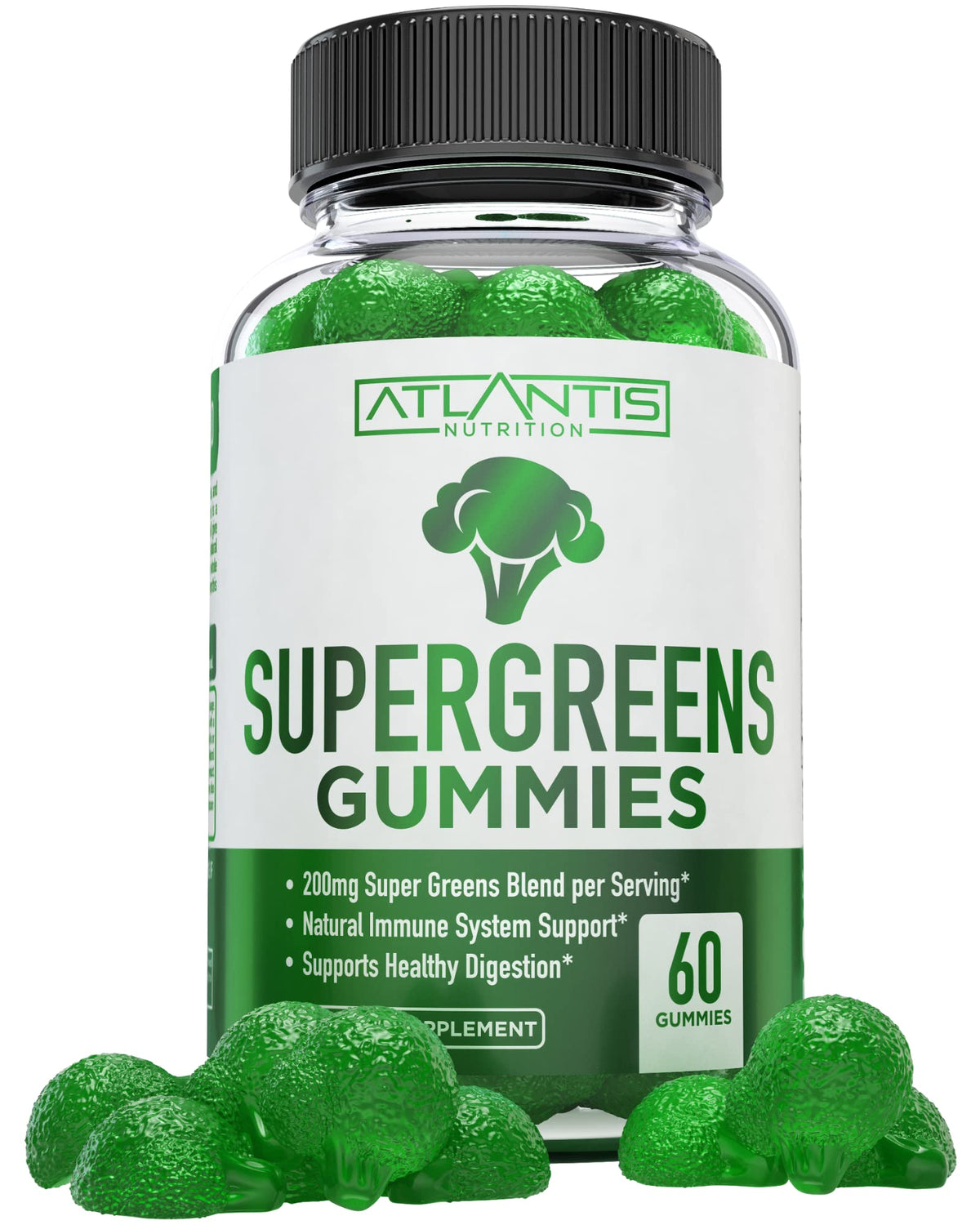 Atlantis Nutrition Supergreens Gummies bottle showing daily greens blend for wellness.