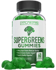 Atlantis Nutrition Supergreens Gummies bottle showing daily greens blend for wellness.