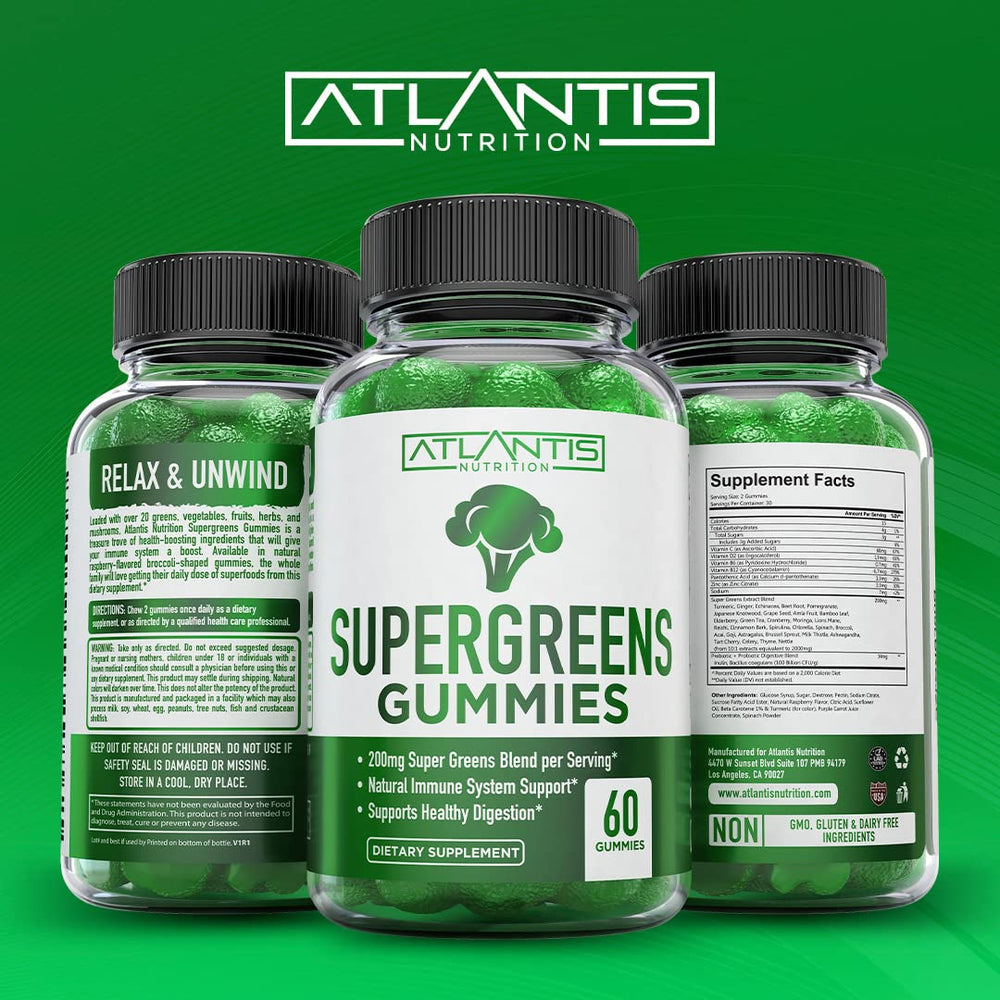 Atlantis Nutrition Supergreens Gummies broccoli-shaped, easy-to-chew gummies.