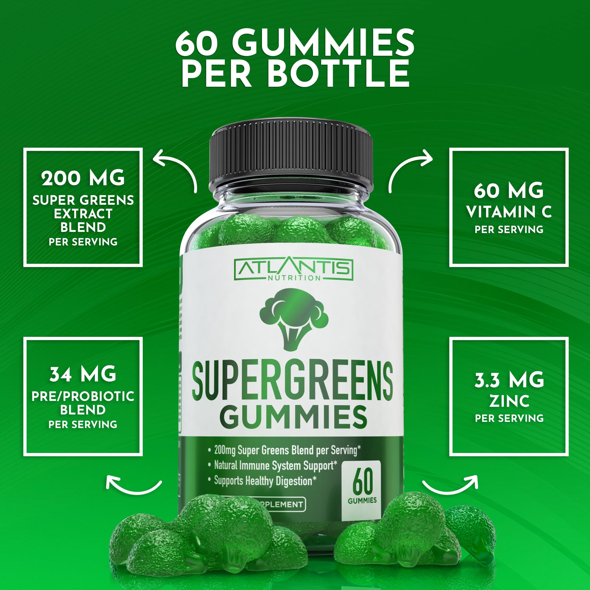 Atlantis Nutrition Supergreens Gummies raspberry flavor for enjoyable daily greens.