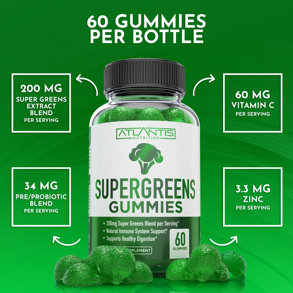 Atlantis Nutrition Supergreens Gummies raspberry flavor for enjoyable daily greens.