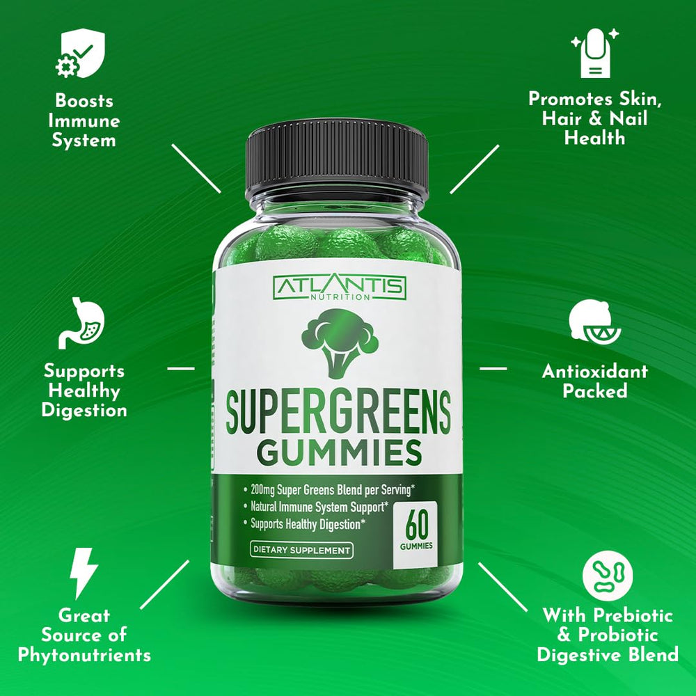 Atlantis Nutrition Supergreens Gummies ingredients blend with spinach and moringa.