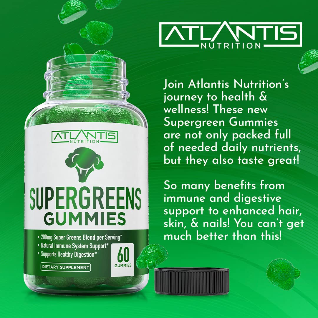 Atlantis Nutrition Supergreens Gummies USA-made with natural ingredients.