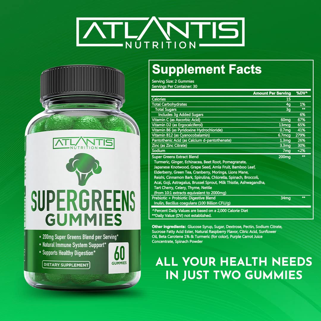 Atlantis Nutrition Supergreens Gummies probiotics and prebiotics for gut health.