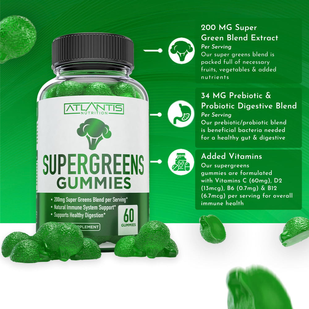 Atlantis Nutrition Supergreens Gummies raspberry flavor highlighting immune-supporting greens.