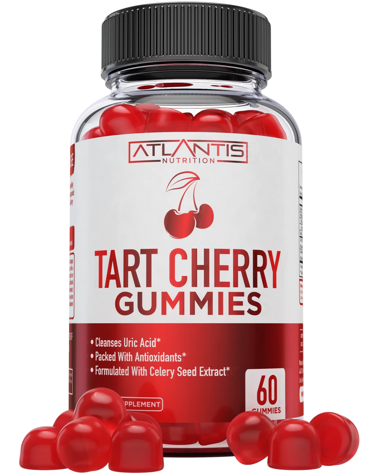 Atlantis Nutrition Tart Cherry Gummies bottle with celery seed extract for antioxidant support.