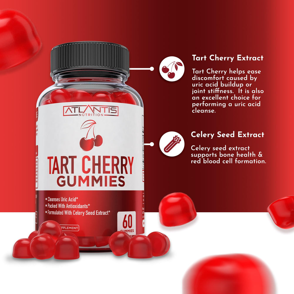 Close-up of chewy Tart Cherry Gummies highlighting texture by Atlantis Nutrition.