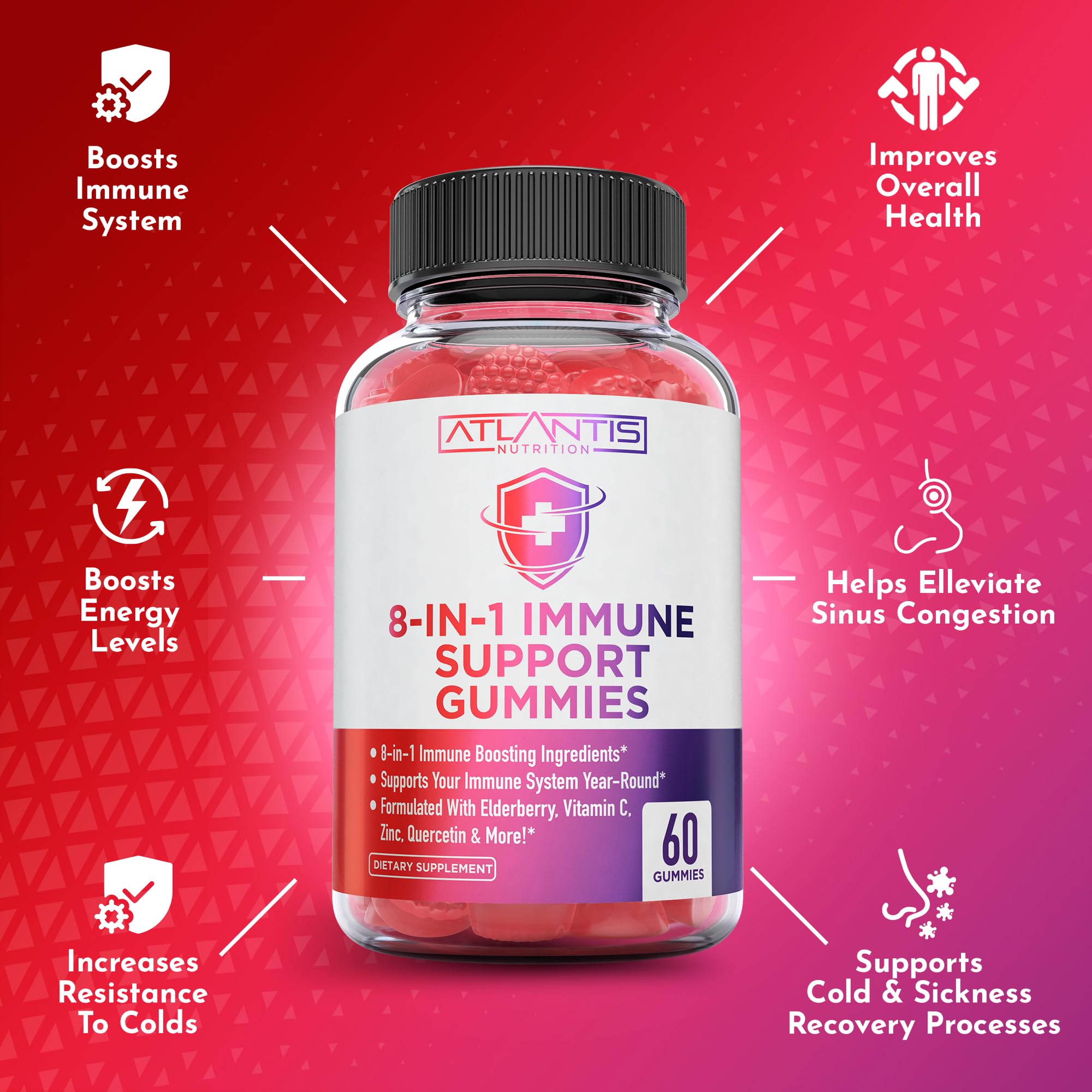 Vegan-friendly Atlantis Nutrition immune gummies package for versatile use