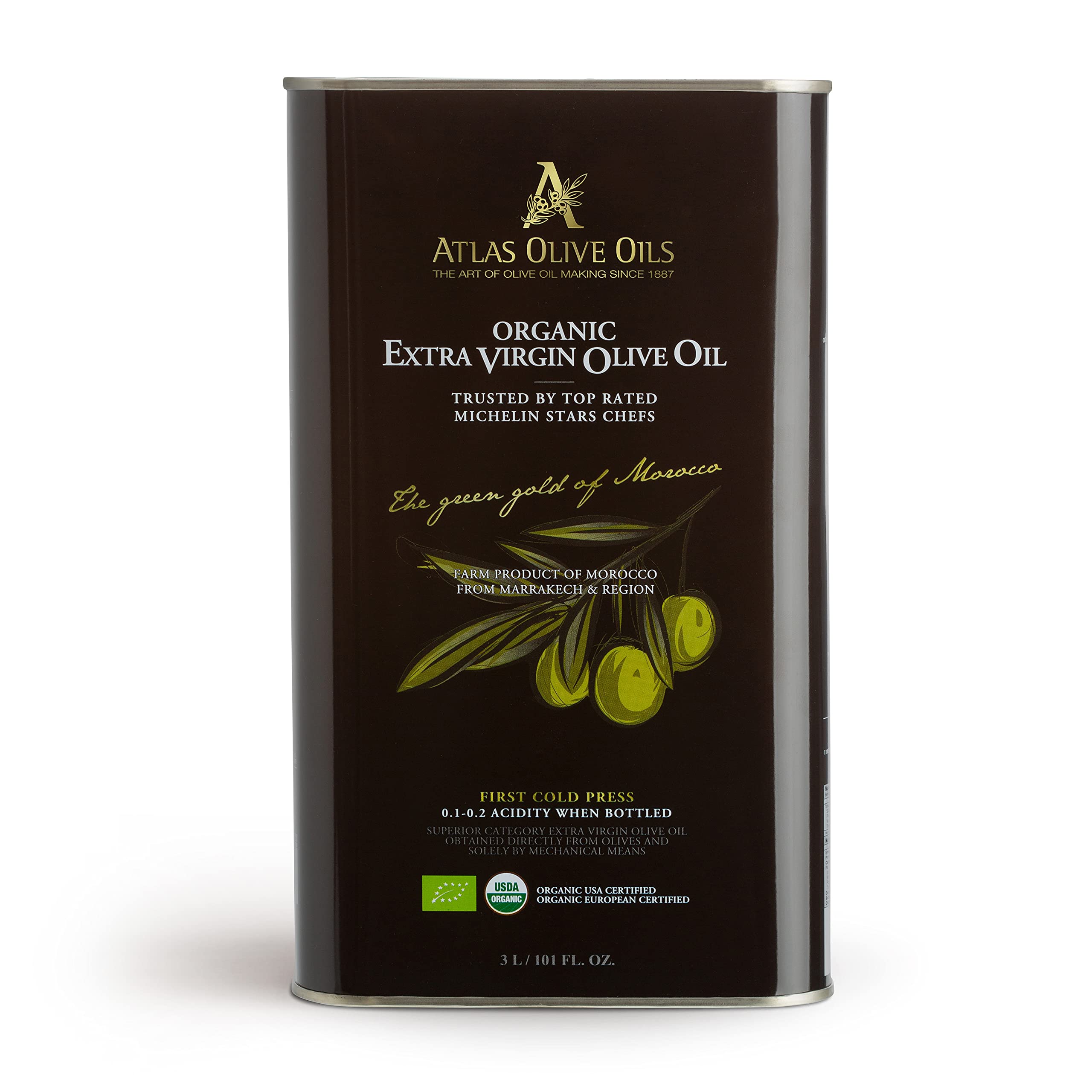 Atlas 3LT olive oil bottle on countertop, ideal for everyday cooking.