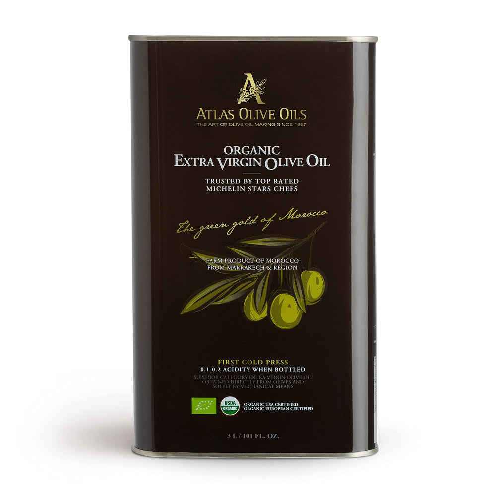 Atlas 3LT olive oil bottle on countertop, ideal for everyday cooking.