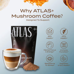 Scoop and powder of Atlas+ Superblend for a focused morning