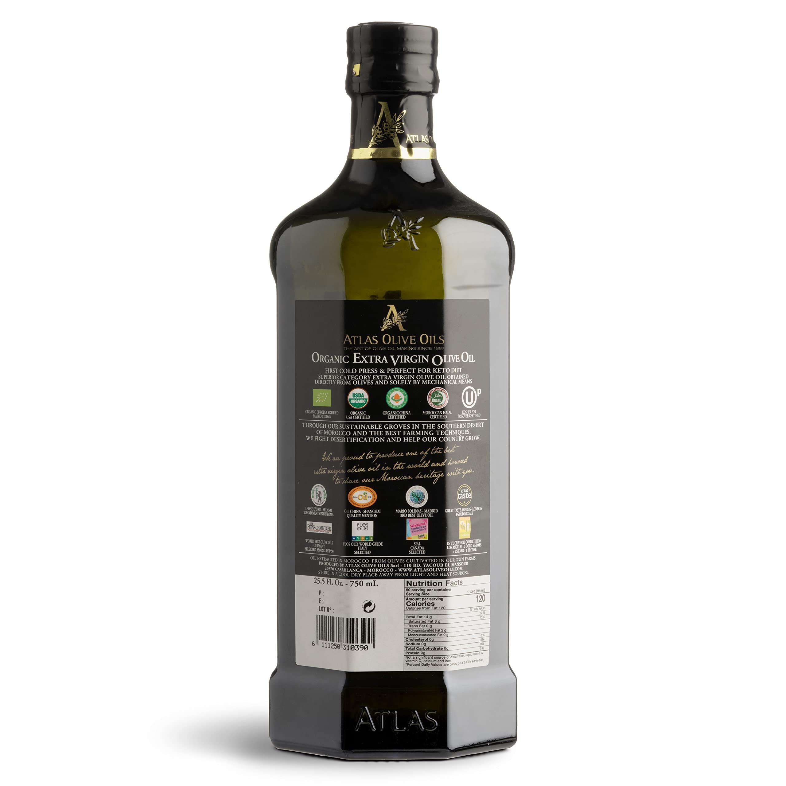 Atlas Olive Oils glass bottle close-up showing clarity of unprocessed EVOO.