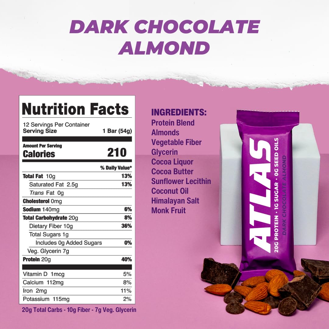 Atlas Real Food Protein Bar dark chocolate almond slice showcases rich flavor and texture