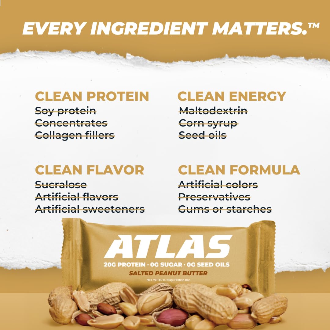 Atlas Real Food Protein Bar packaging emphasizes no seed oils
