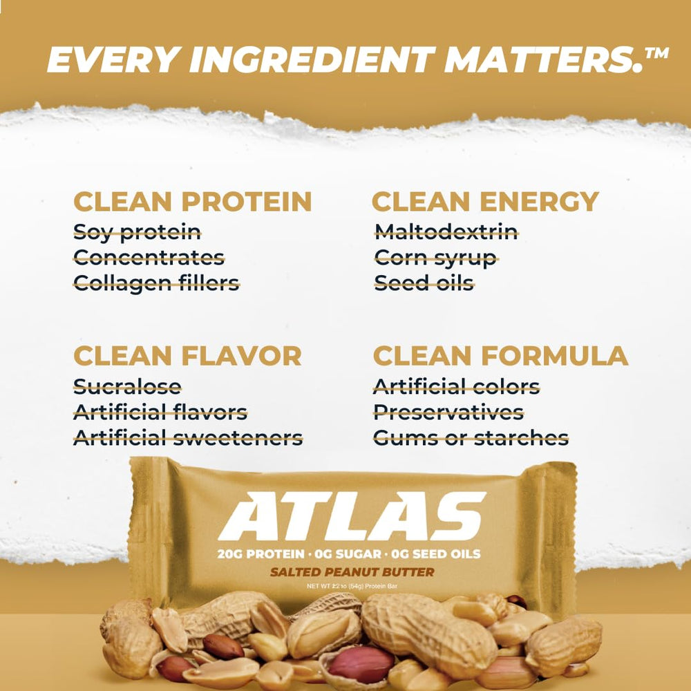 Atlas Real Food Protein Bar packaging emphasizes no seed oils