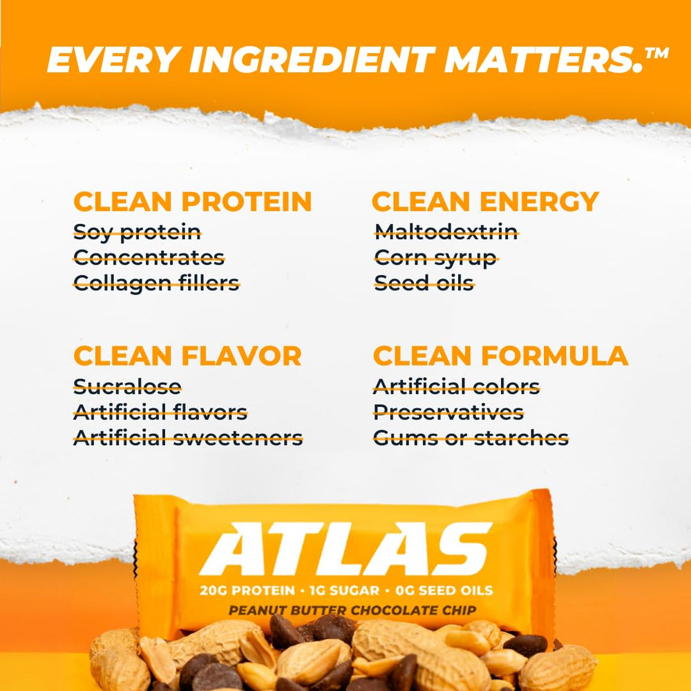 Atlas Real Food Protein Bar 20g protein and 1g sugar closeup with monk fruit sweetener.