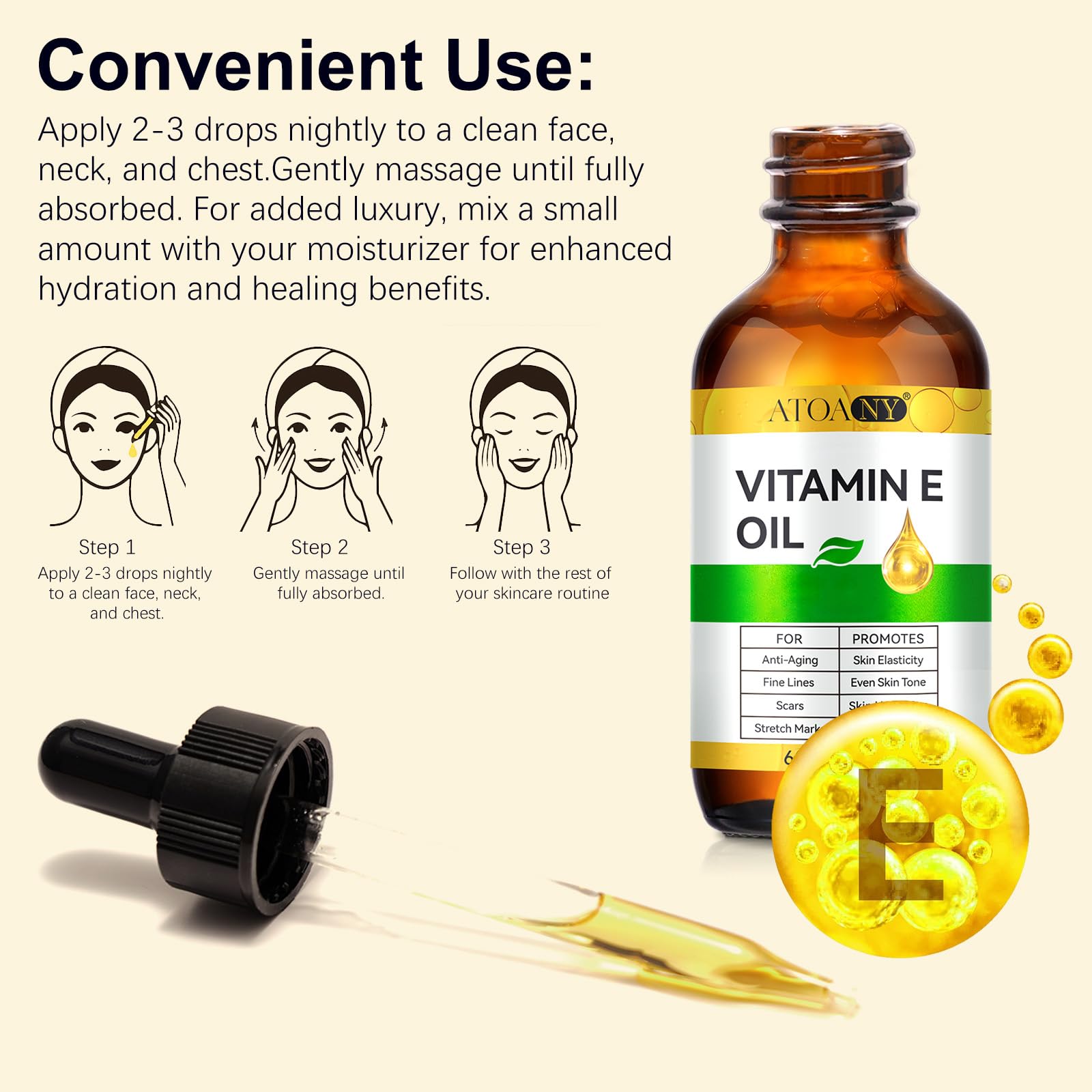 ATOANY Vitamin E Oil lightweight texture ideal for quick daily use