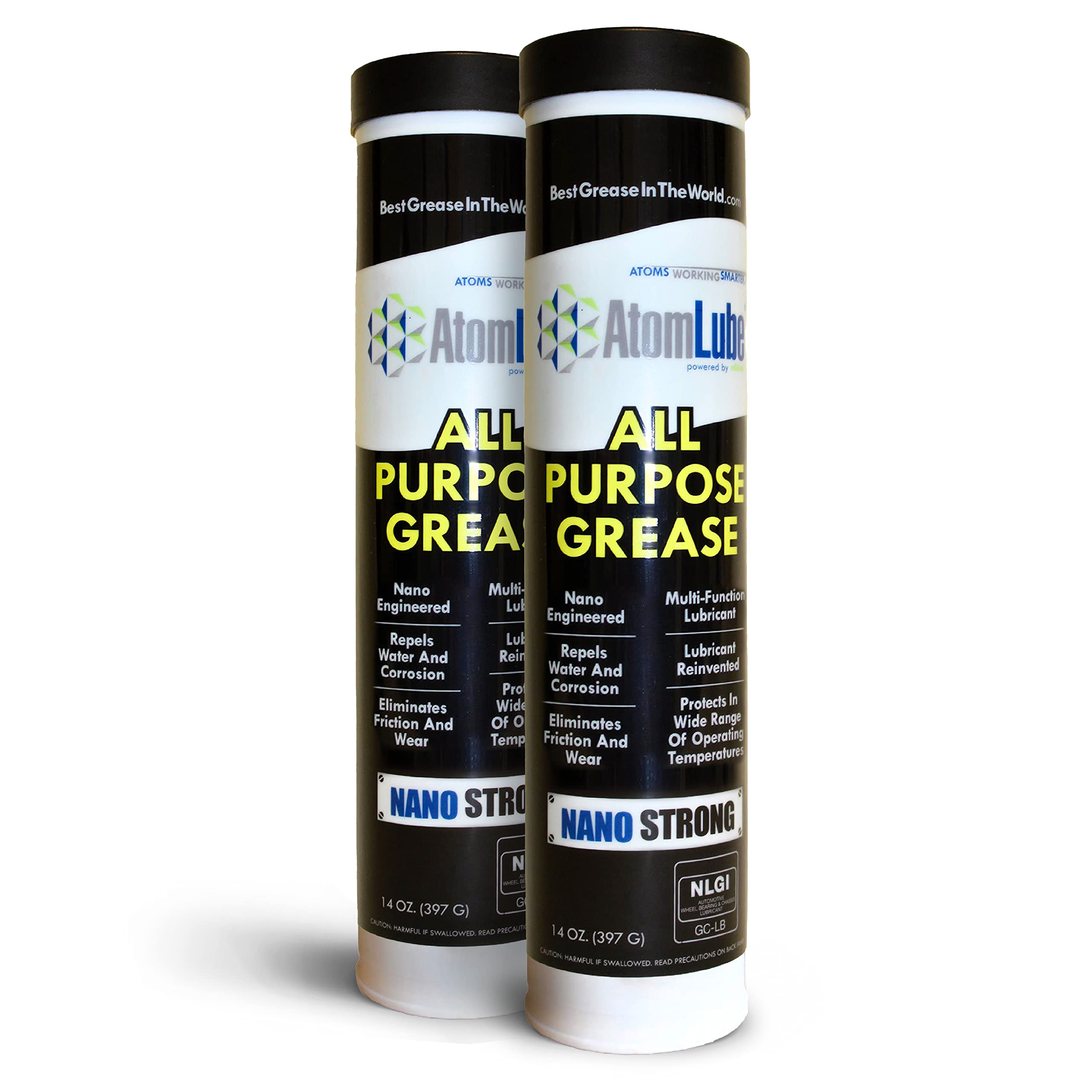 AtomLube All Purpose Grease two-pack tubes on a workbench for versatile automotive and marine use.