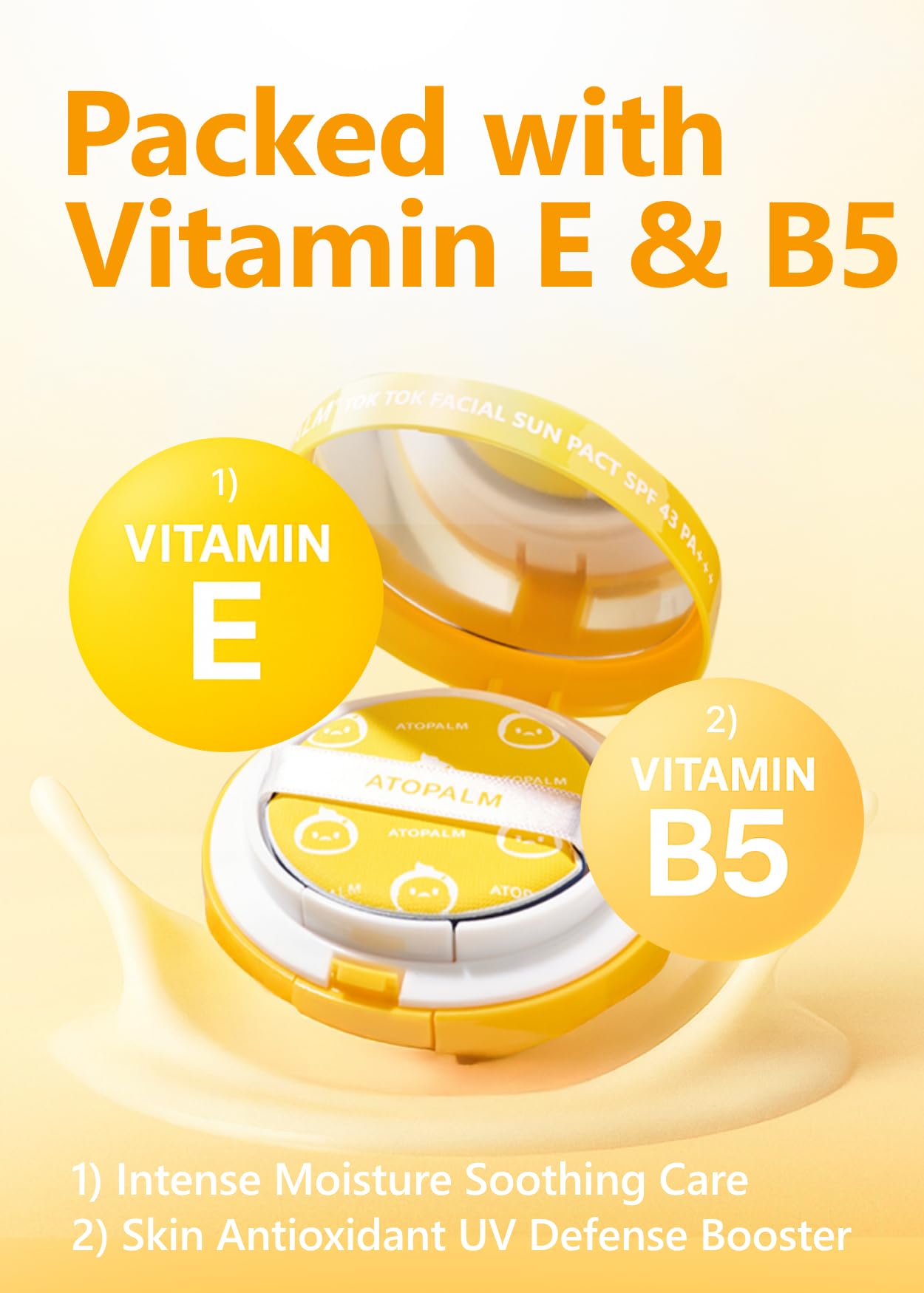 ATOPALM Tok Tok Sun Pact vitamin E and B5 ingredients for nourishing skin.