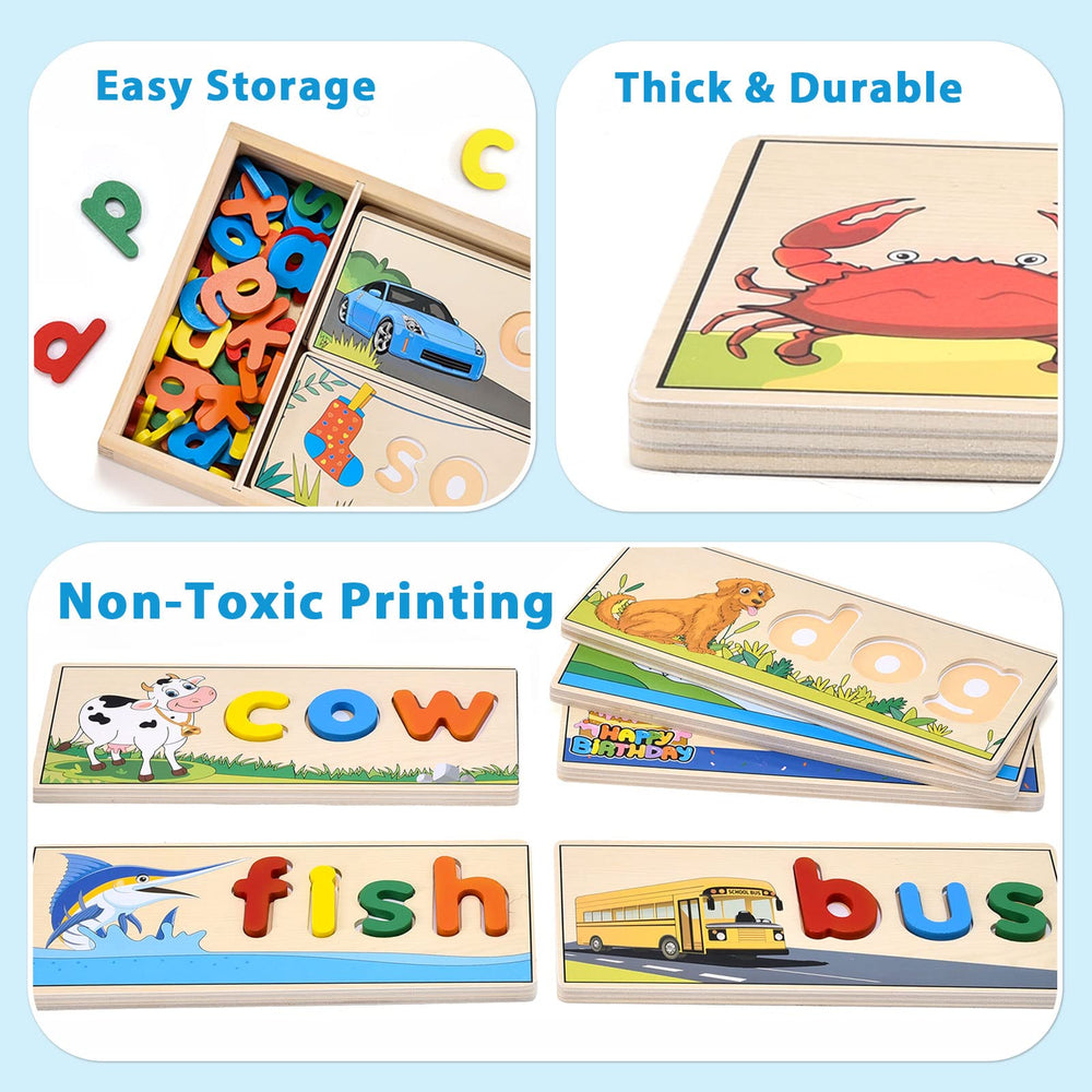 Atoylink double-sided spelling boards show scenes to reinforce word building.