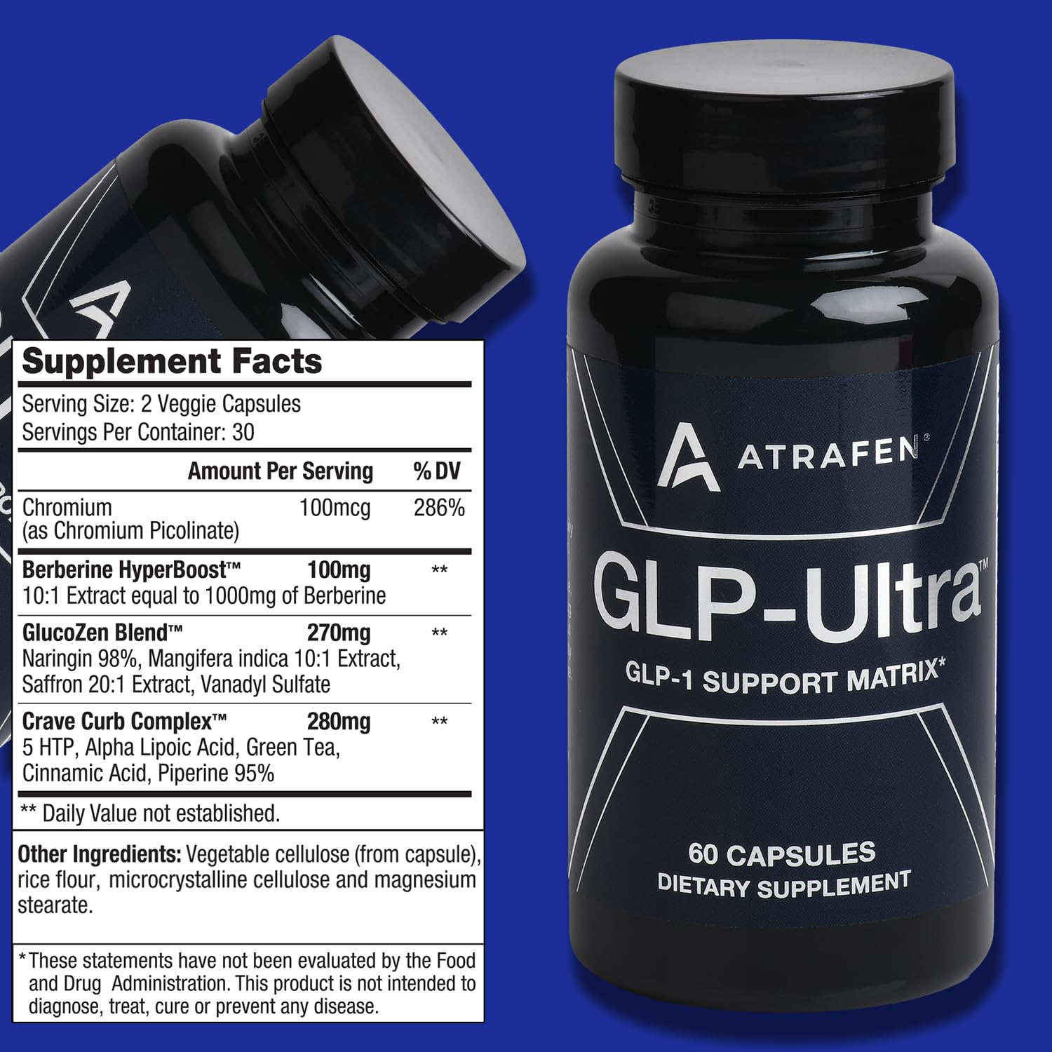 Atrafen GLP Ultra bottle side view showcases easy-to-take capsules for a simple daily routine.