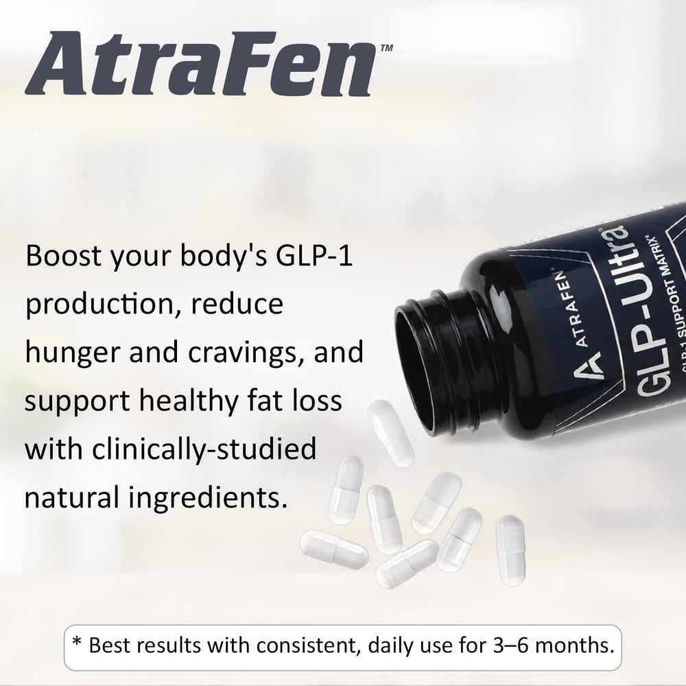 Atrafen GLP Ultra label detail shows GMP-USA quality and manufacturing standards.