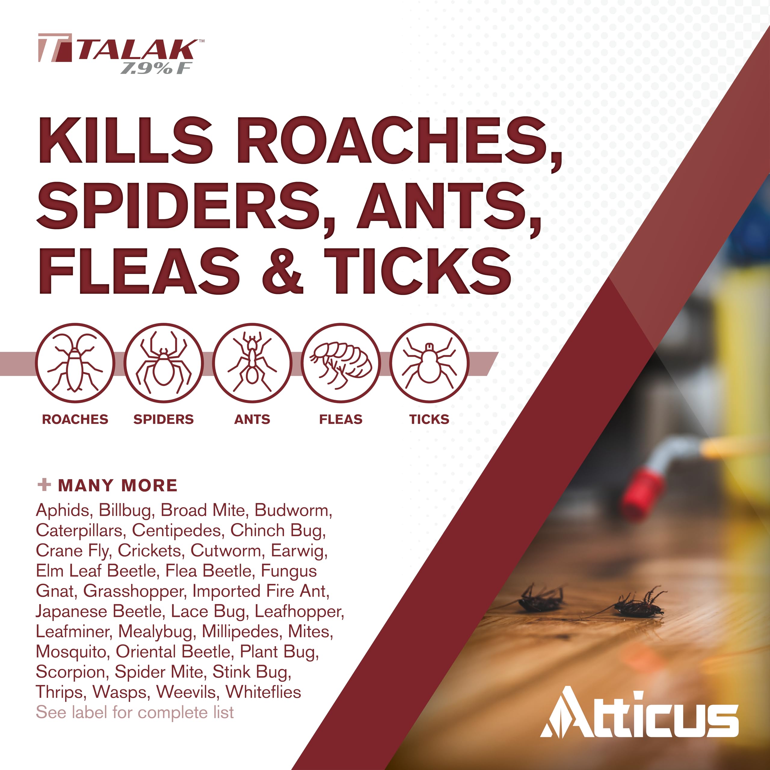 Atticus Talak 7.9 F label closeup highlighting bifenthrin and control scope.