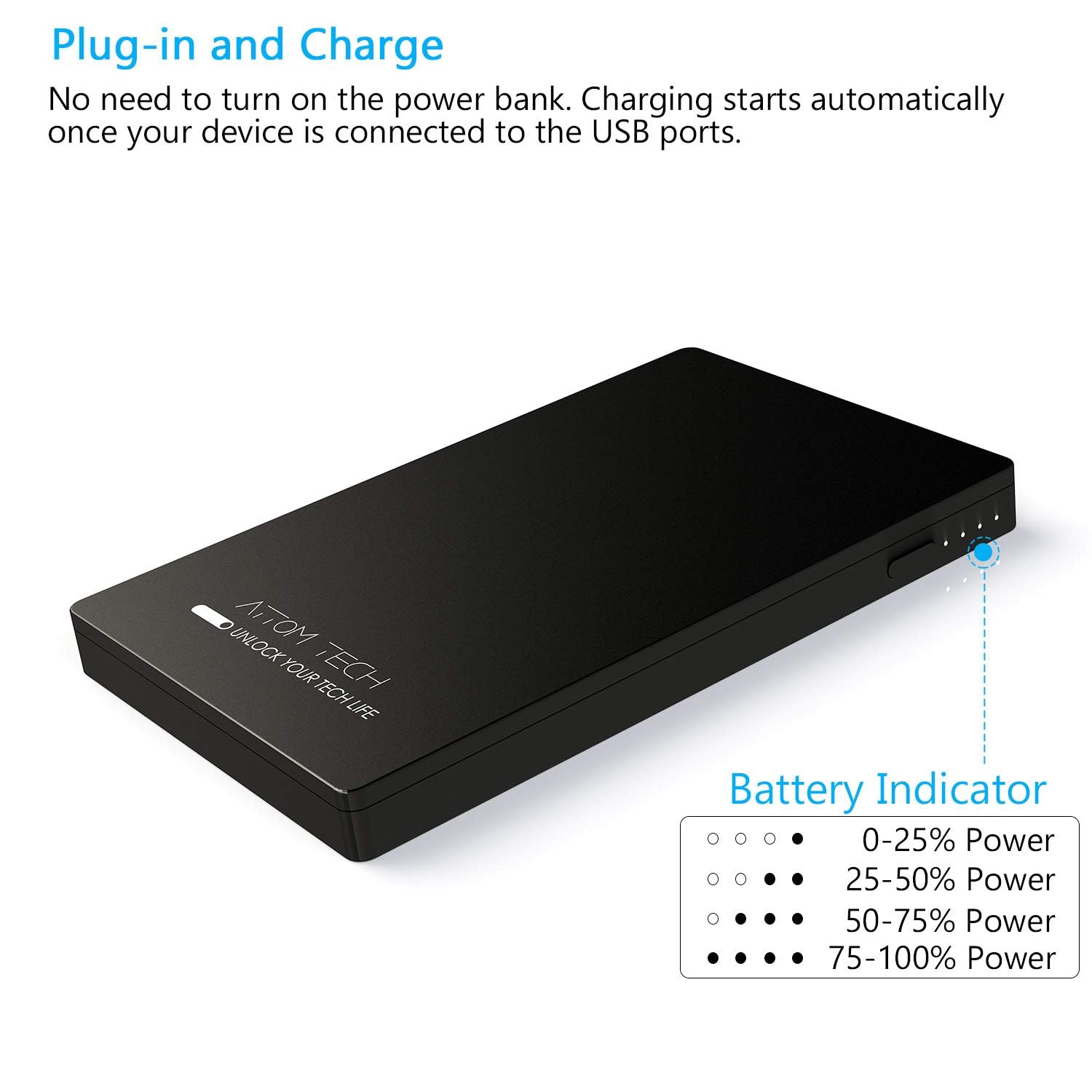 Attom Tech ultra-slim 3000mAh size fits pocket or purse.