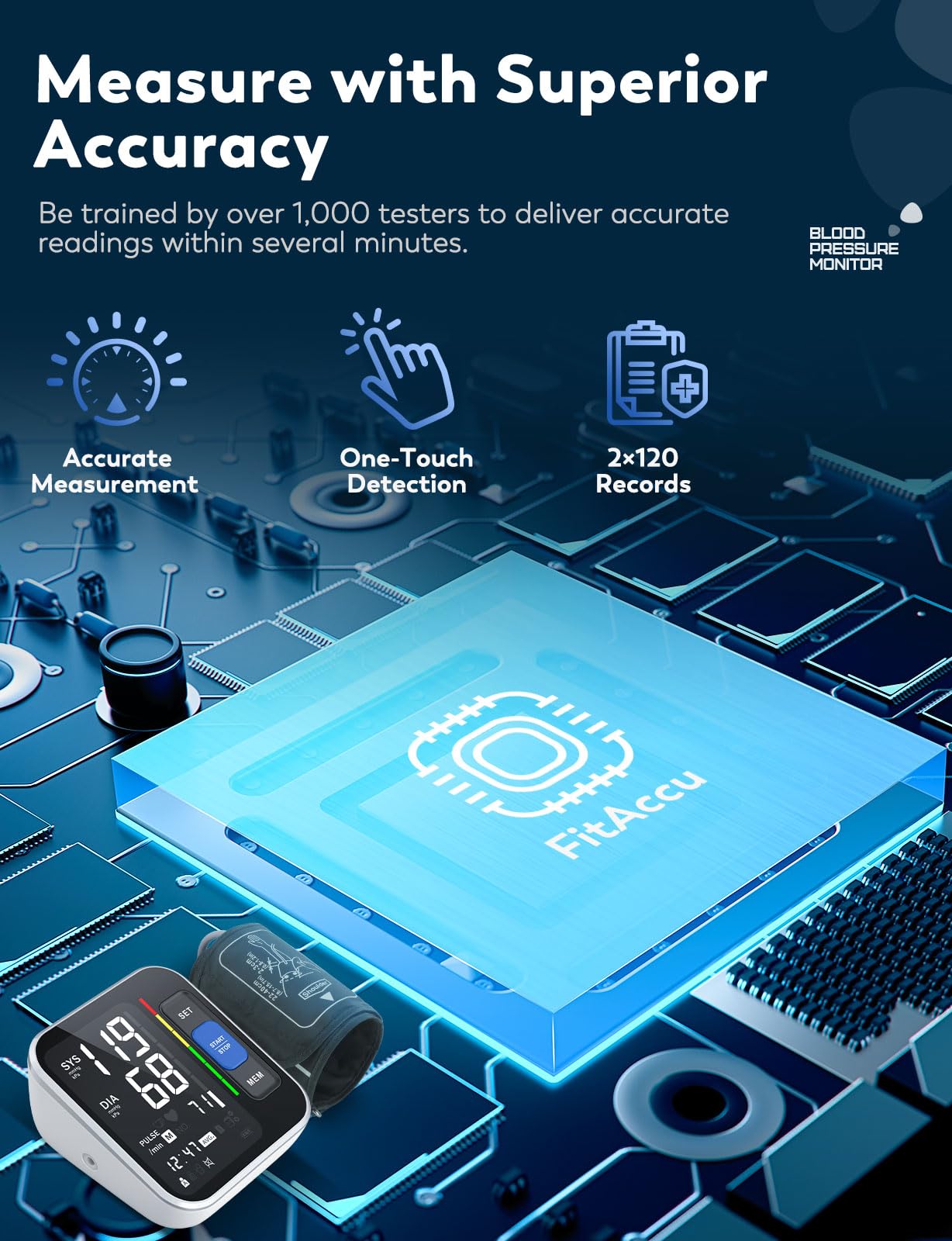 Two-user memory stores up to 120 readings each for tracking trends.
