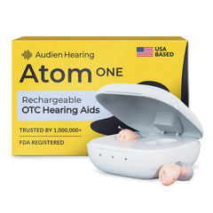 Audien Atom One compact in-ear hearing aid with discreet, comfortable fit for daily conversations.