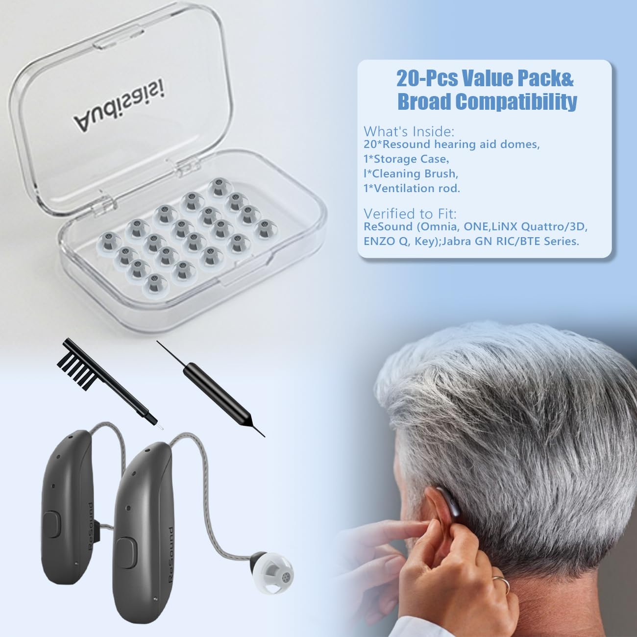 Audisaisi vented dome improves environmental sound blending and reduces occlusion during conversations.