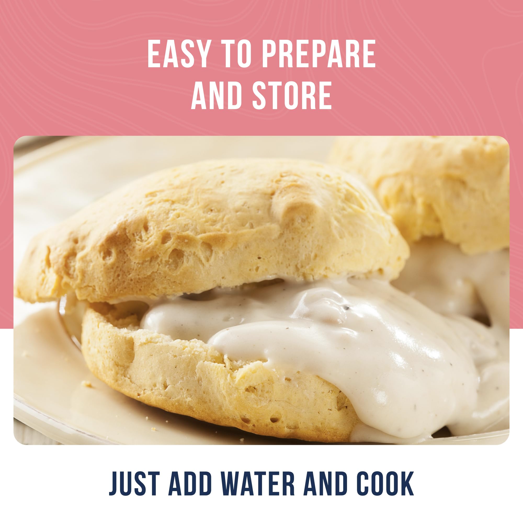 Pantry shelf stocked with Augason Farms biscuit mix for easy meals